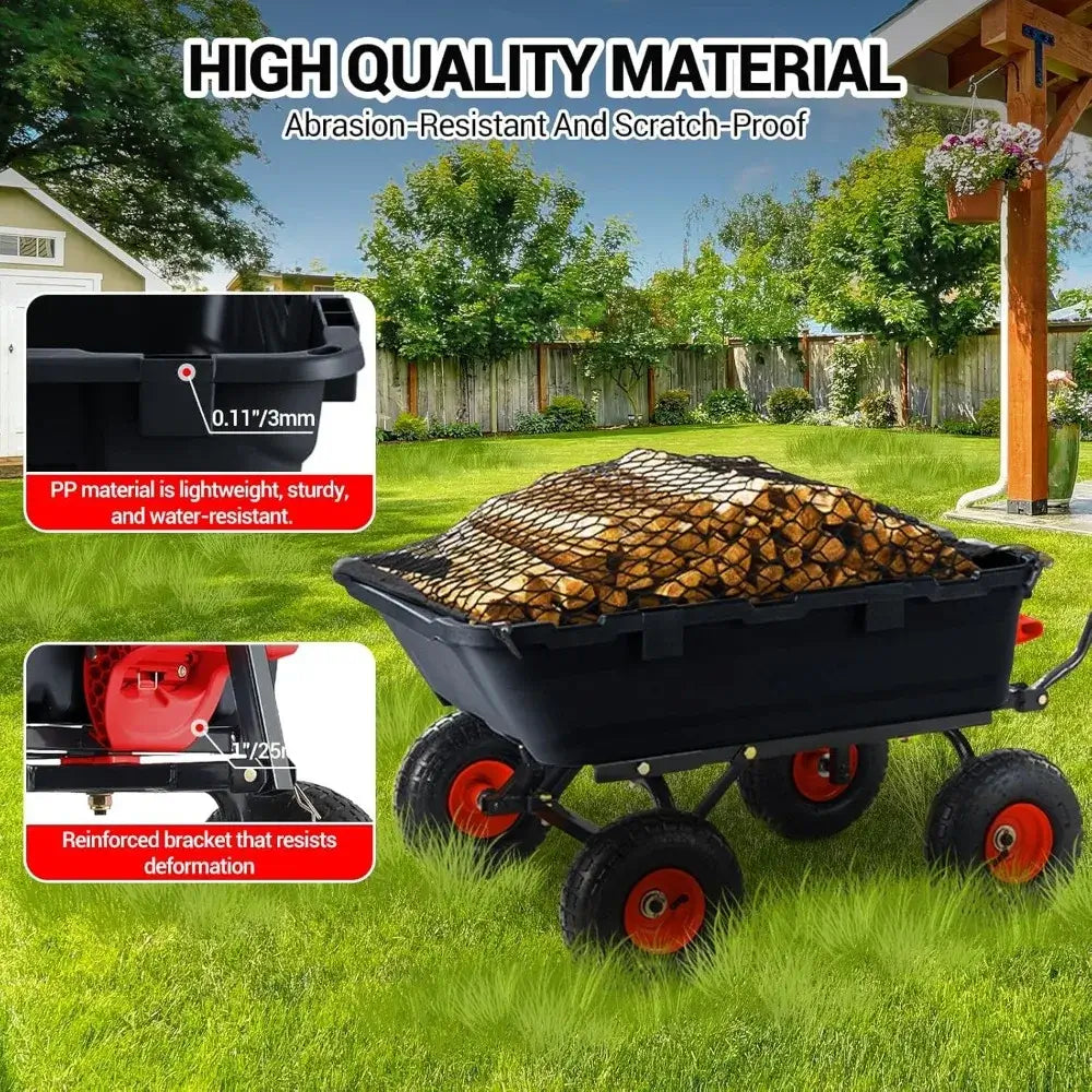 Heavy Duty Garden Dump Cart, Collapsible, w/Wood Roll Top, Adjustable Handle, Drop-Gate, All-Terrain Wheels, Heavy-Duty Folding Frame - with mesh