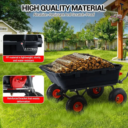 Heavy Duty Garden Dump Cart, Collapsible, w/Wood Roll Top, Adjustable Handle, Drop-Gate, All-Terrain Wheels, Heavy-Duty Folding Frame - with mesh