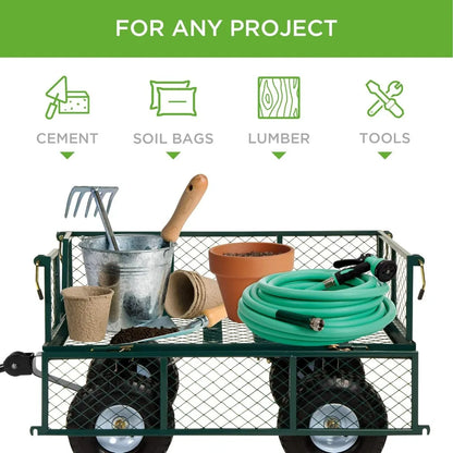 Heavy-Duty Steel, 400lb Weight Capacity Wagons, Removable Sides, Long Handle, 10in Tires - Green