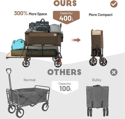 400L Large Capacity Folding Double Decker Wagon with Brakes, 54" Extra Long Extender Wagon Cart, 450lbs Heavy Duty Collapsible Cart - more compact