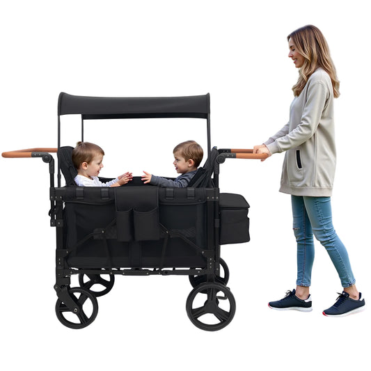 4 Seater Baby Wagon Stroller with Lockable Wheels, Extra Long Foldable Push chair with Adjustable Handle
