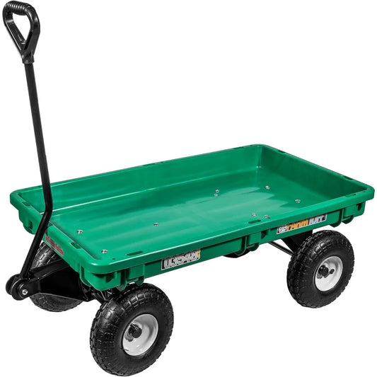 Farm Tuff Durable Plastic Deck Garden Wagon, Utility Cart with Pneumatic Tires for Outdoor Hauling, Green, 20" x 38"