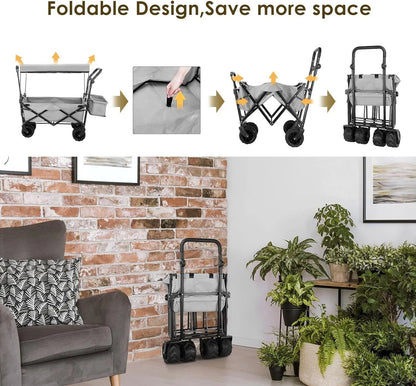 262L Collapsible Wagon cart with Removable Canopy, 115kg Capacity Push & Pull Utility Cart 600D Oxfort, Off-road wheel