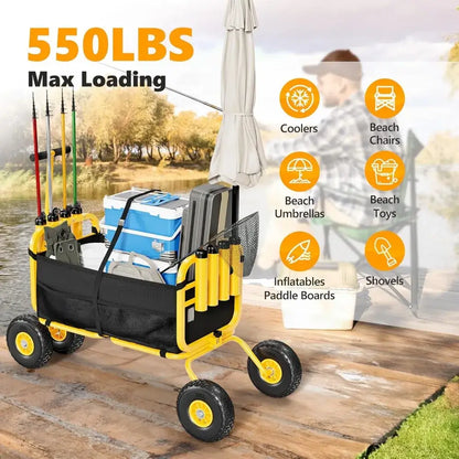 Fishing Cart, Foldable Trolley with 11" Airless Tires, Beach Trailer with Large Cargo Basket, 550 lbs Load Capacity, 8 Fishing Rod holders - max loading