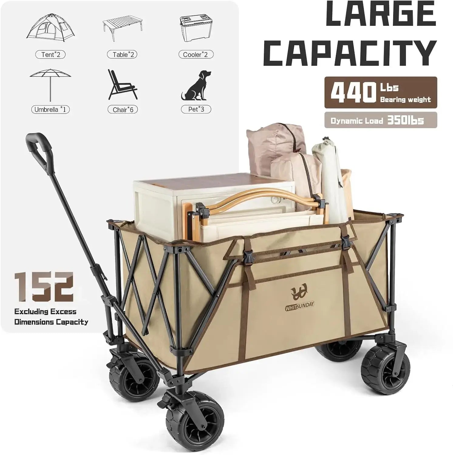 Collapsible Heavy Duty Wagon with All Terrian Wheels, 440Lbs Foldable Utility, Camping, Park Wagon Cart with Table & Shovel for Beach - large capacity