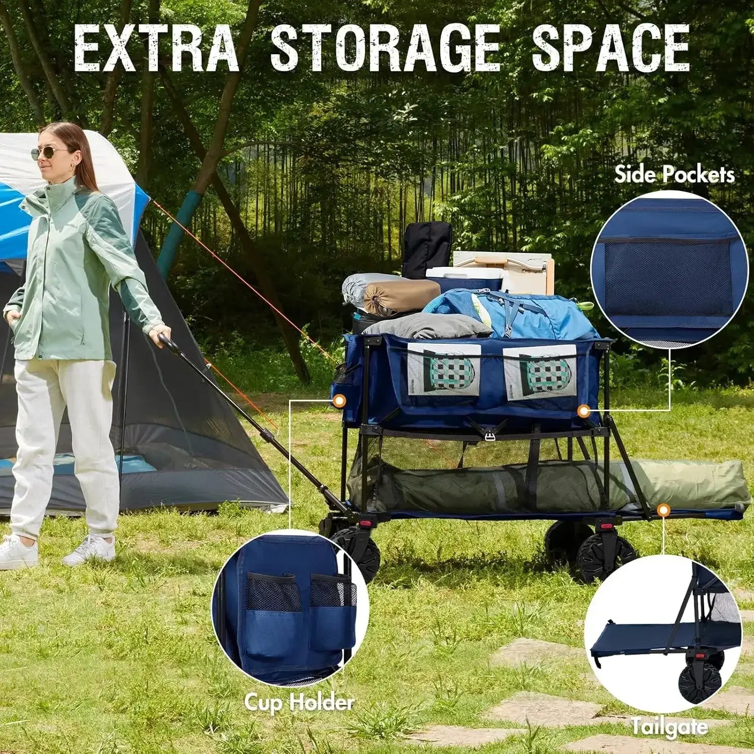 Collapsible Double Decker Wagon, Folding Wagon Cart with Tailgate, Beach Wagon with Big Wheels - extra storage space