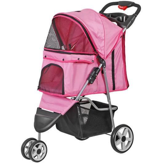 Pet Stroller Foldable - 3 Wheels with Cup Holder