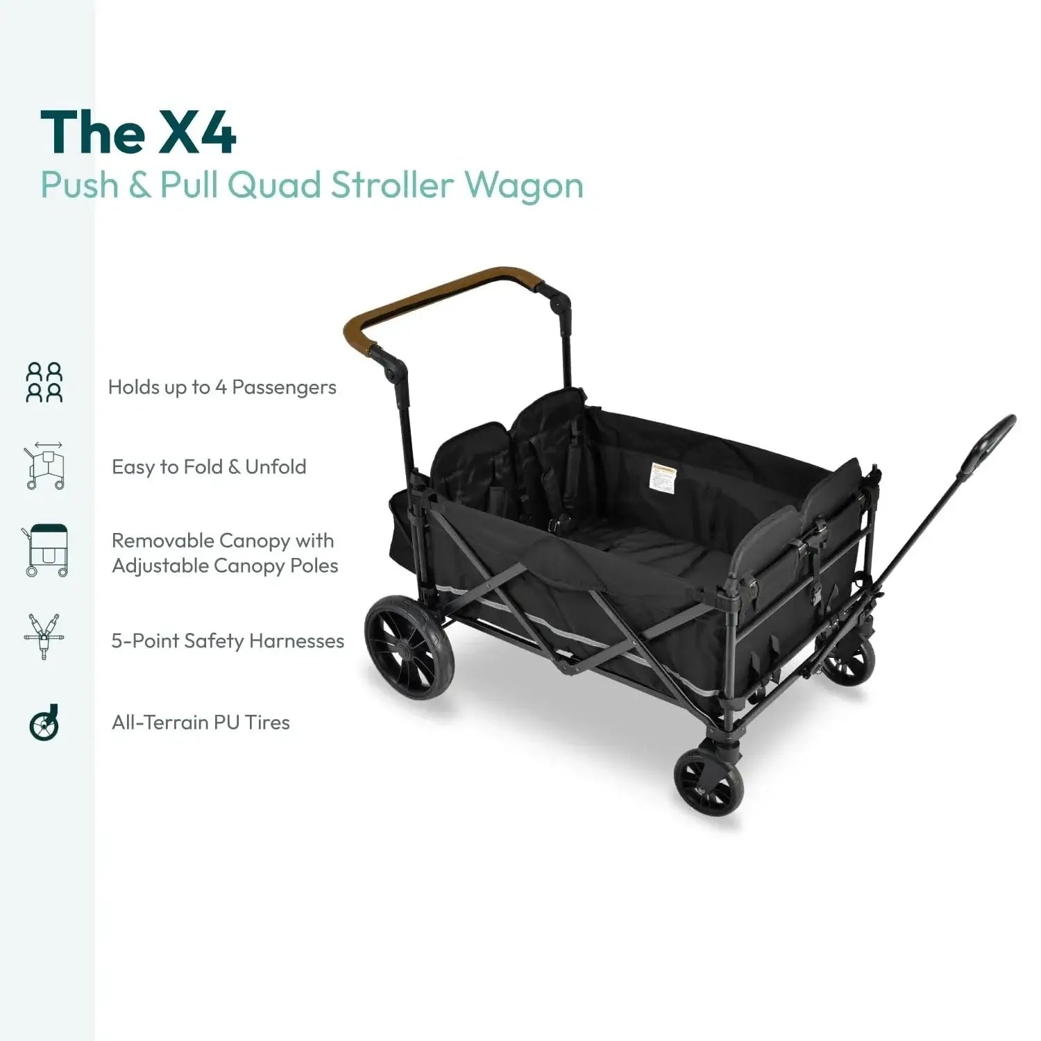 X4 Push and Pull Quad Stroller Wagon (4 Seater) - Collapsible with Seats with 5-Point , Adjustable Push Handle, Black - 5 points safety harness