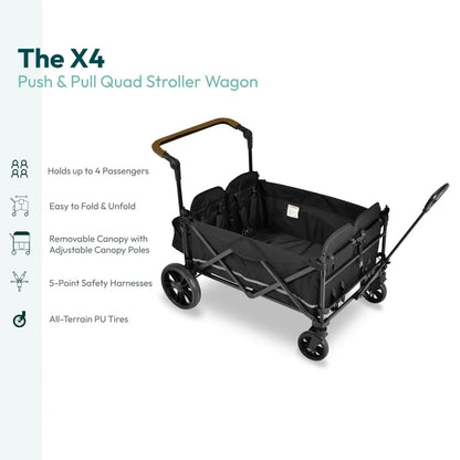 X4 Push and Pull Quad Stroller Wagon (4 Seater) - Collapsible with Seats with 5-Point , Adjustable Push Handle, Black - 5 points safety harness