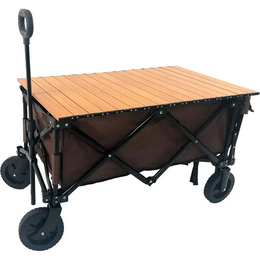 Utility Collapsible Wagon, Garden Cart, w/Wood Roll Top, Adjustable Handle, Drop-Gate, All-Terrain Wheels, Heavy-Duty Folding Frame - foldable