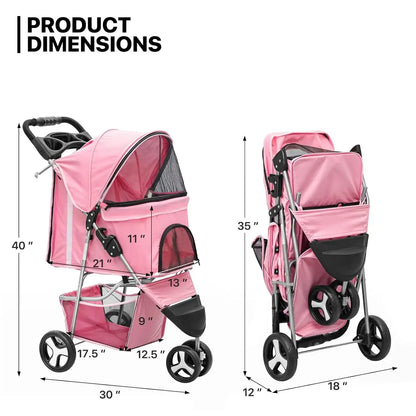 3-Wheels Foldable Pet Stroller with Waterproof Cover, Pet Strolling Cart for Small/Medium Dogs and Cats with Storage Basket - product dimensions