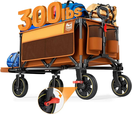 Extra Long Collapsible Wagon with Tailgate and Brakes, 300lbs Heavy Duty Foldable Wagon with Adjustable Handle, 250L -adjustable handle