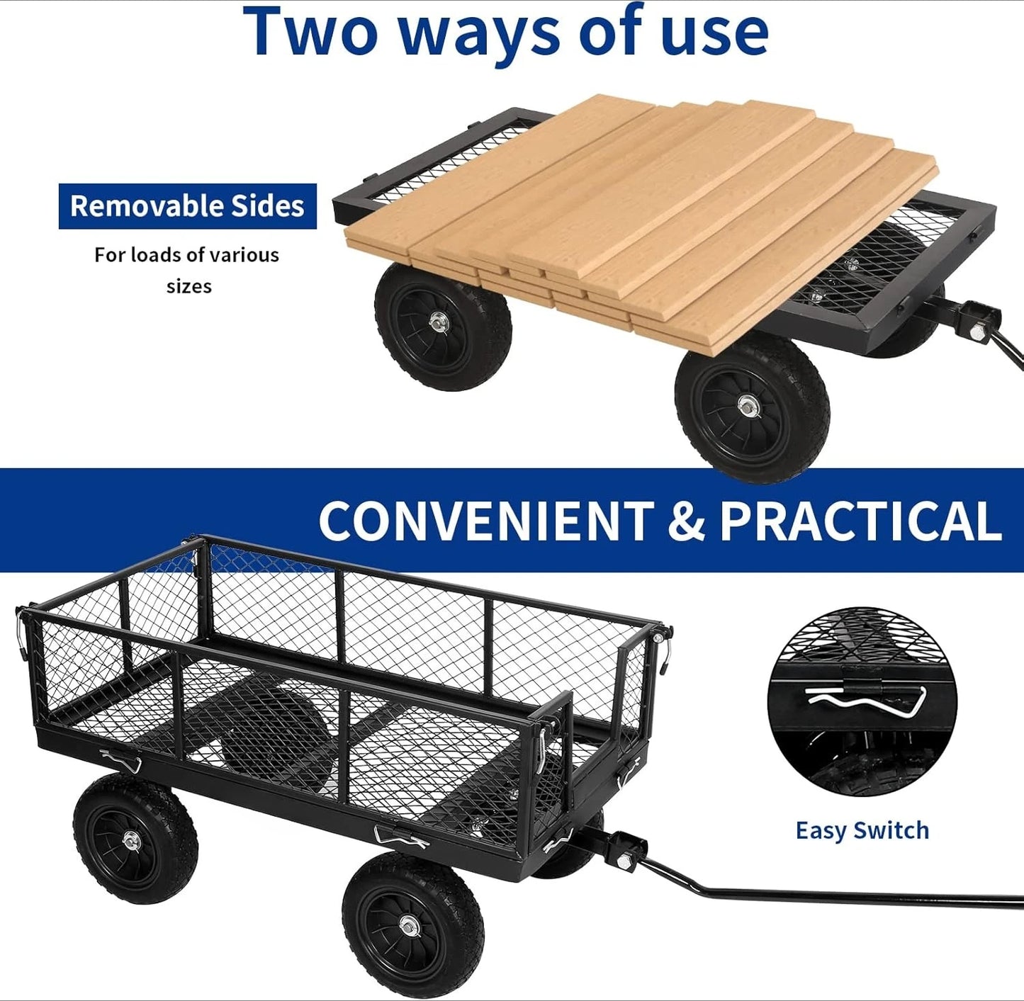 880 lbs 10" Flat Free Tires Steel Garden Cart with 180° Rotating Handle and Removable Sides