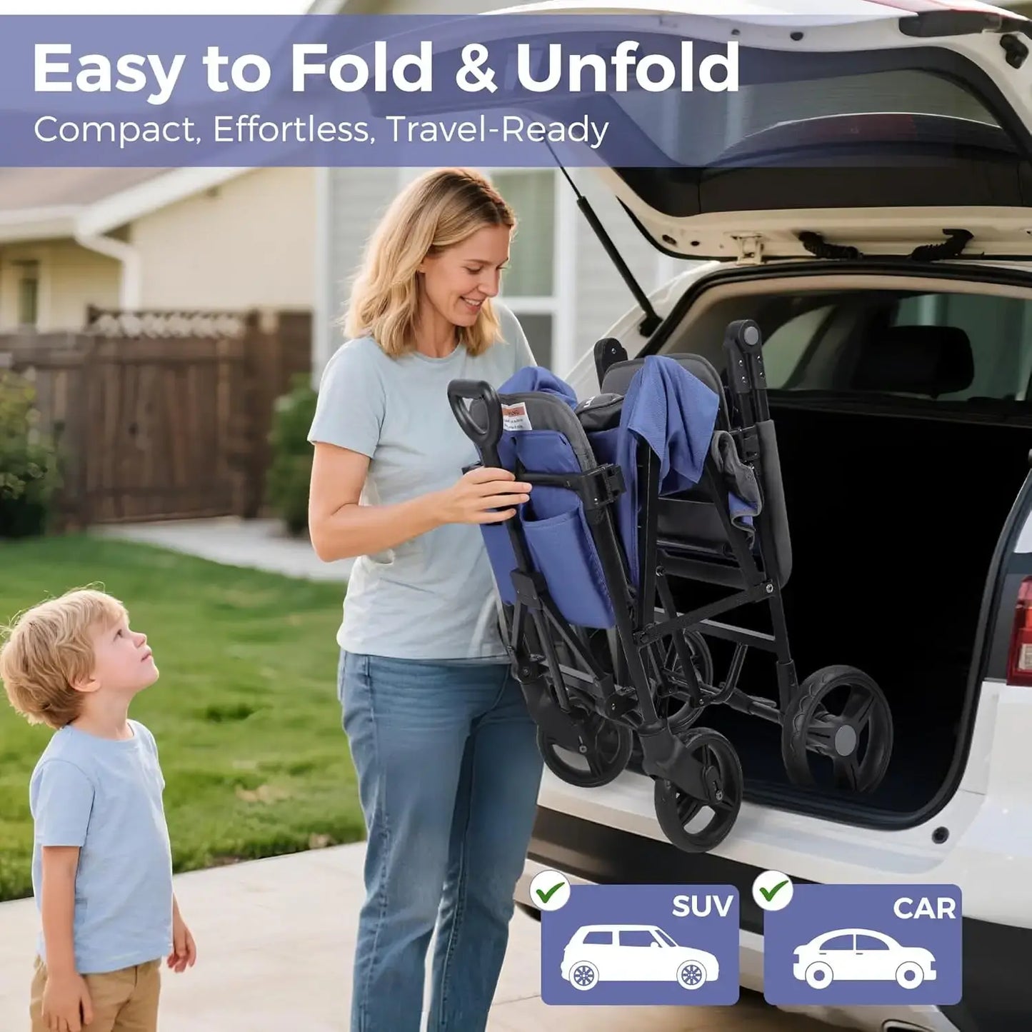 Double Stroller Wagon for 2 Kids with Canopy, Foldable, All-Terrain with Adjustable Push/Pull Handle, Parent Organizer - easy fold and unfold