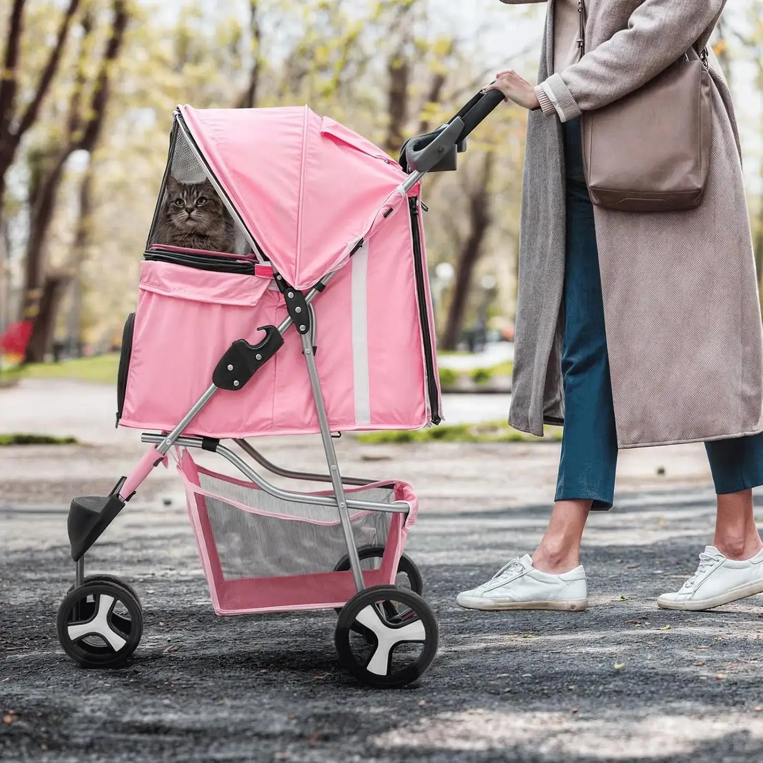 3-Wheels Foldable Pet Stroller with Waterproof Cover, Pet Strolling Cart for Small/Medium Dogs and Cats with Storage Basket - spacious