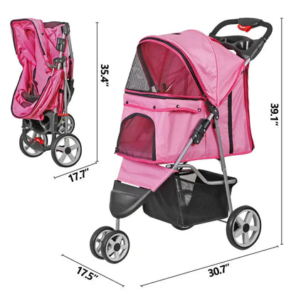 Pet Stroller Foldable - 3 Wheels with Cup Holder