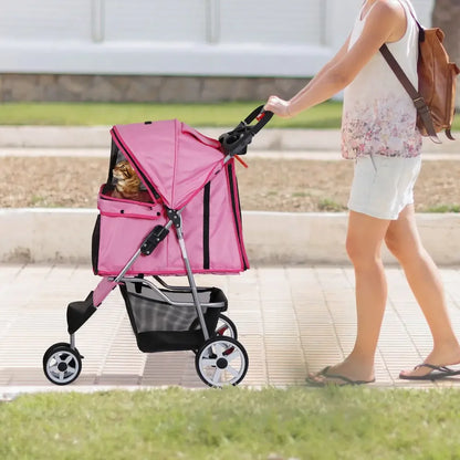 Pet Stroller Foldable - 3 Wheels with Cup Holder