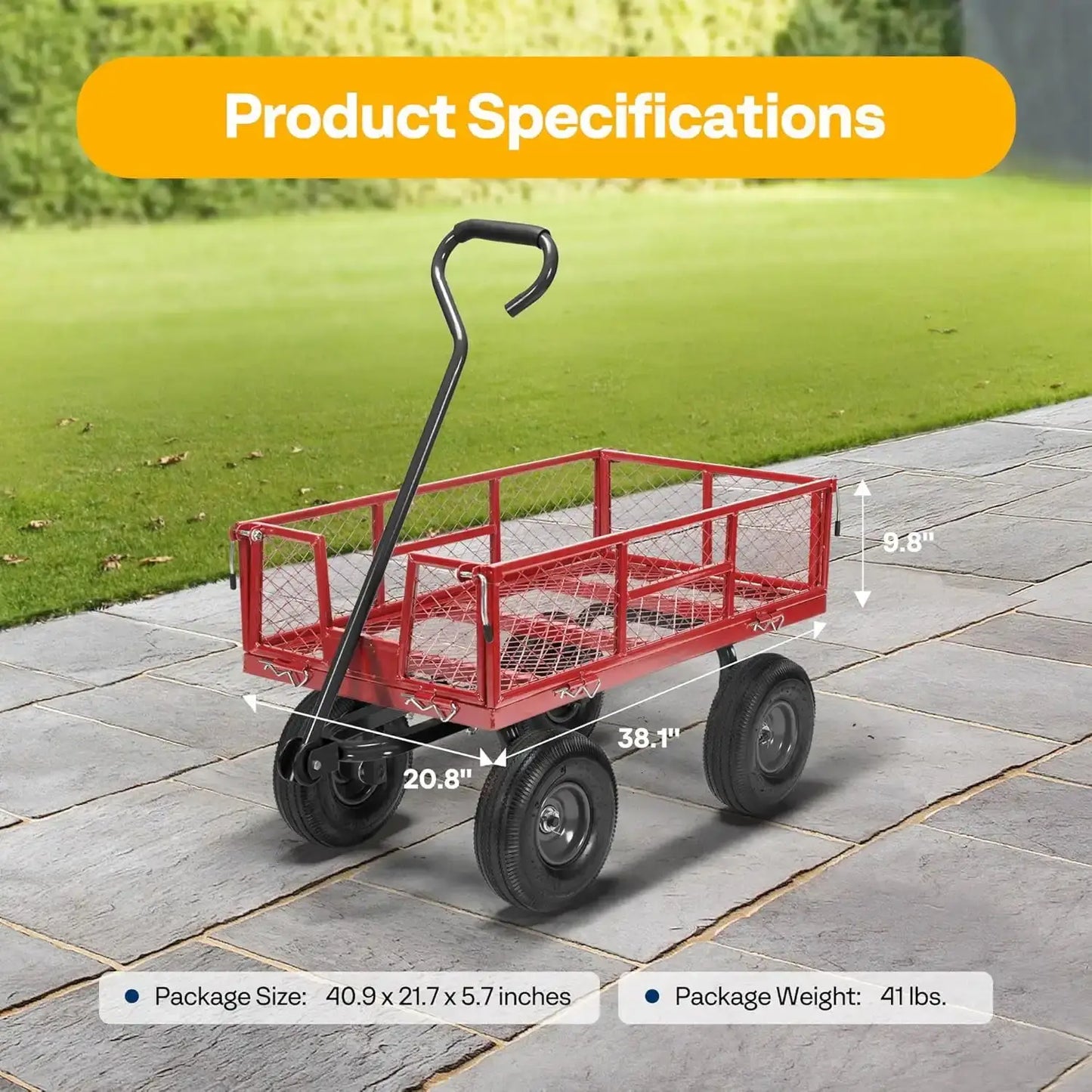 Heavy Duty Steel Garden Cart 880 lbs Capacity, 38" x 21" Folding Utility Wagon with 10 Inch Wheels - product dimensions