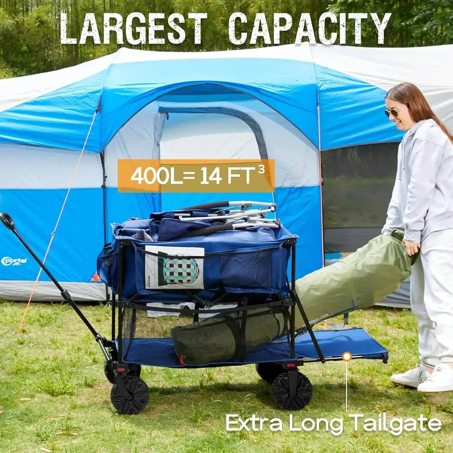 Collapsible Double Decker Wagon, Folding Wagon Cart with Tailgate, Beach Wagon with Big Wheels - extra long tailgate