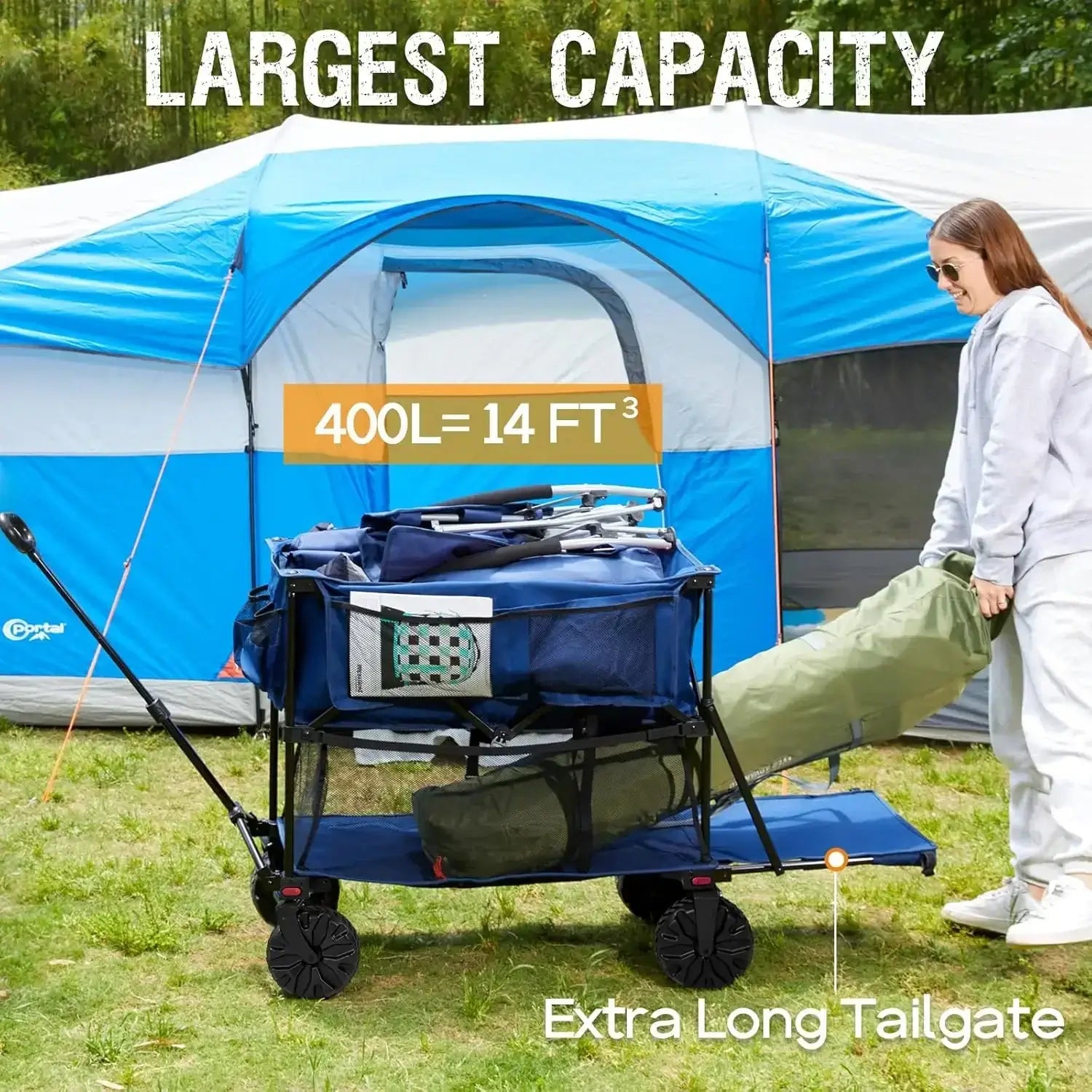 Collapsible Double Decker Wagon, Folding Wagon Cart with Tailgate, Beach Wagon with Big Wheels - extra long tailgate