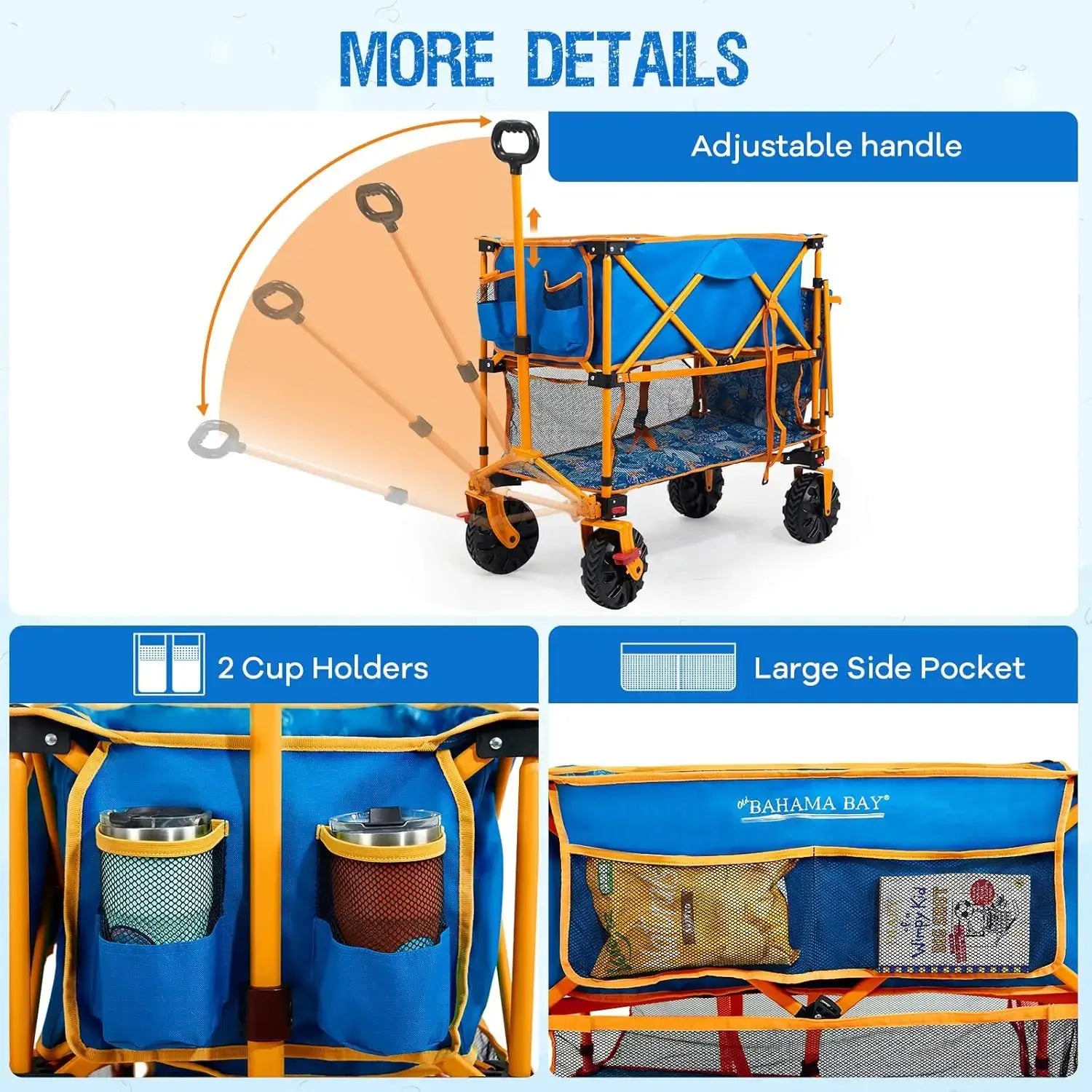 400L Collapsible Double Decker Beach Wagon with Brakes, Folding Beach Cart with 54" Extra Long Decker, 450LBS Heavy Duty Wagon - adjustable handle