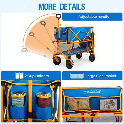 400L Collapsible Double Decker Beach Wagon with Brakes, Folding Beach Cart with 54" Extra Long Decker, 450LBS Heavy Duty Wagon - adjustable handle