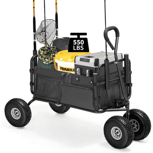 Fishing Cart, Collapsible Wagon with 11” All Terrain Big Wheels, Heavy-Duty Fishing Cart with 6 Rod Holders and Storage Pockets