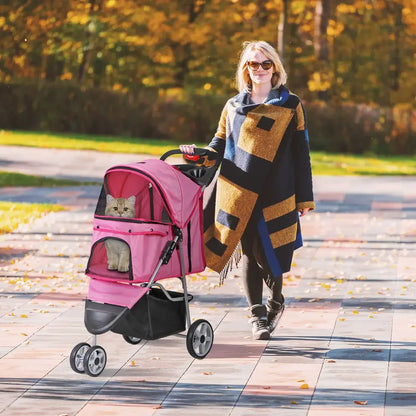 Pet Stroller Foldable - 3 Wheels with Cup Holder