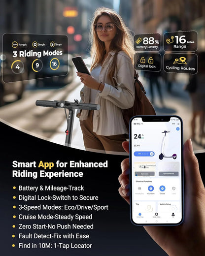 Electric Scooter for Adult, 350W 19MPH, APP Smart, 8.5inch tire, Foldable, 16Miles Max Range