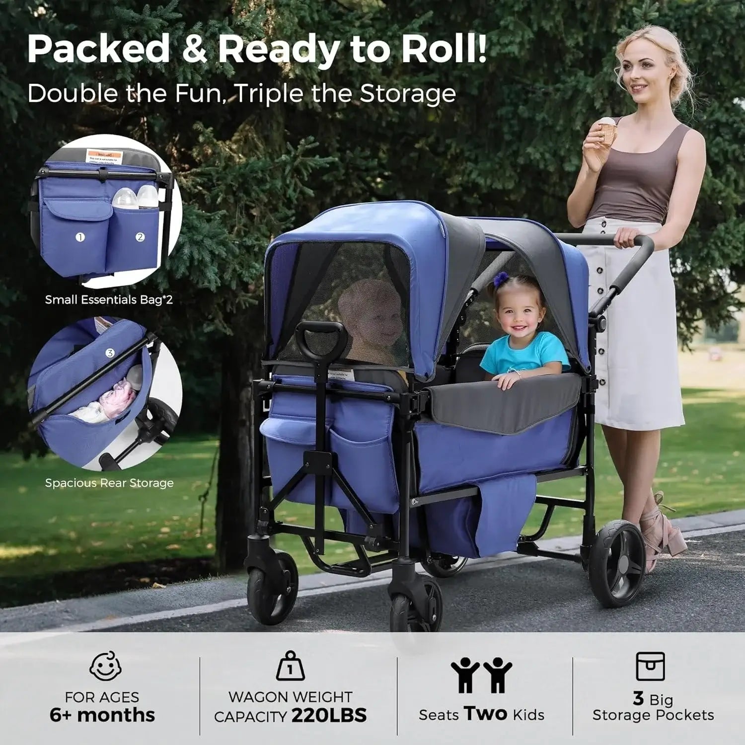 Stroller Wagon for 2 Kids with Canopy, Foldable, All-Terrain with Adjustable Push/Pull Handle, Parent Organizer - 220lbs weight capacity