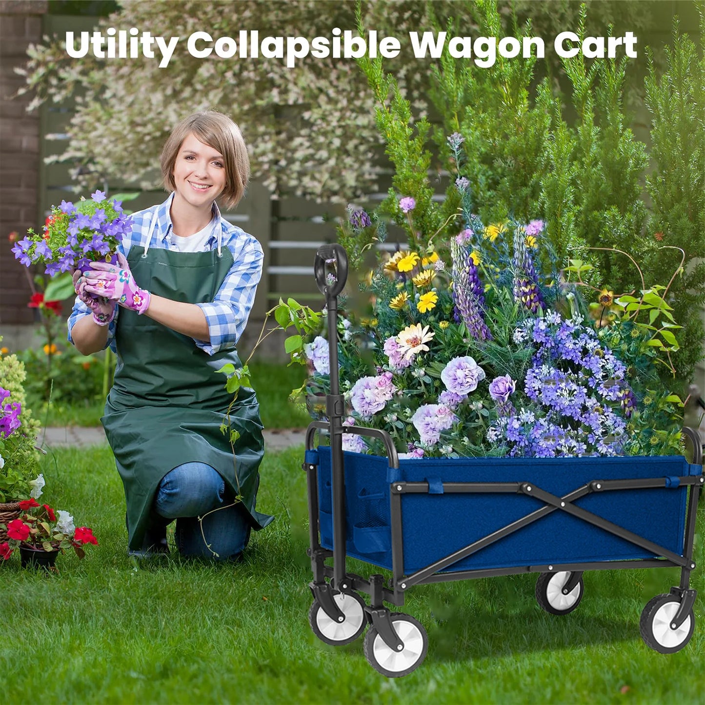 Wagon Cart Foldable with All-Terrain Wheels & Adjustable Handle, Portable Heavy Duty 300LBS Weight
