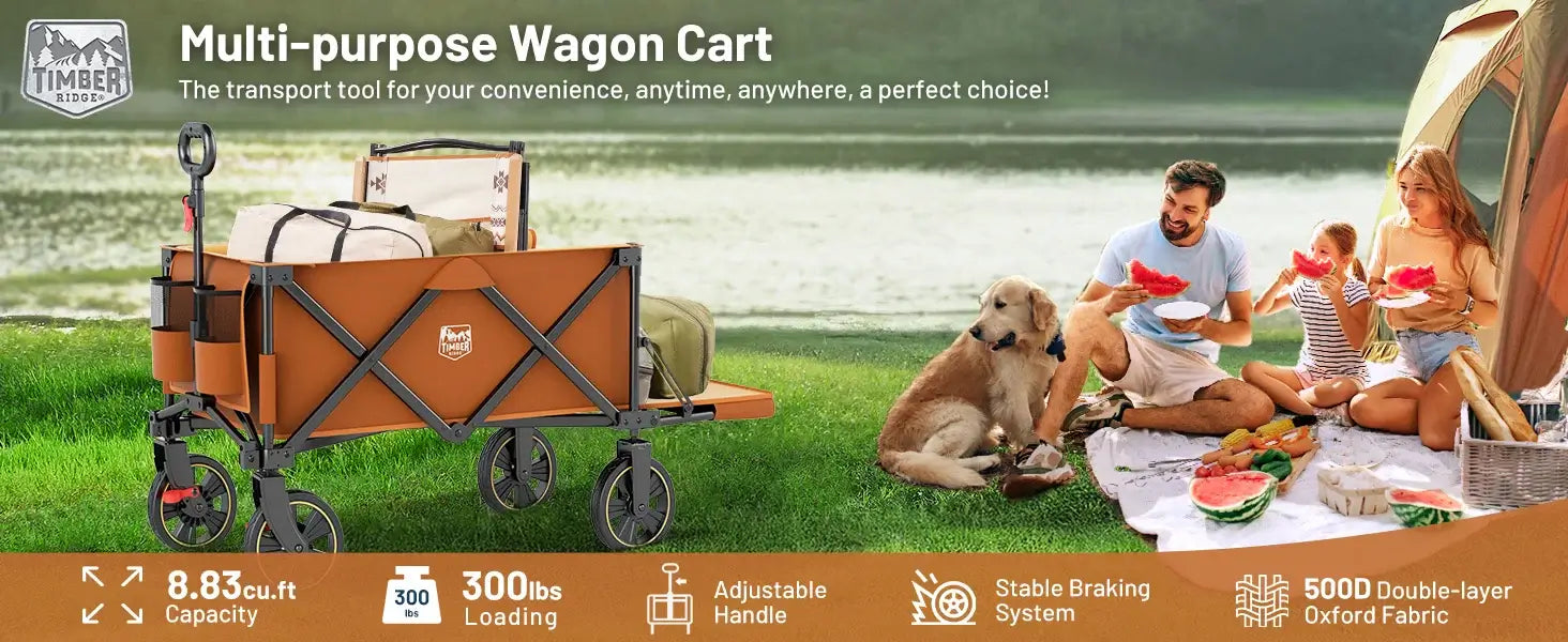 Extra Long Collapsible Wagon with Tailgate and Brakes, 300lbs Heavy Duty Foldable Wagon with Adjustable Handle, 250L - multi-purpose