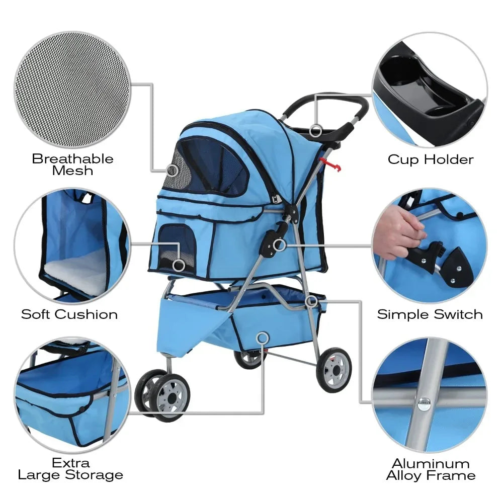Folding Pet Stroller, 3 Wheels with Storage Basket