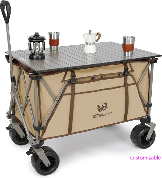 Collapsible Heavy Duty Wagon with All Terrian Wheels, 440Lbs Foldable Utility, Camping, Park Wagon Cart with Table & Shovel for Beach - dual-bearing brakes