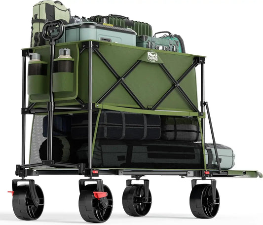Heavy Duty Double Decker Wagon with Brakes, 54" Extra Long Extender Wagon Cart, 450lbs Heavy Duty Collapsible Cart - lower shelf extension