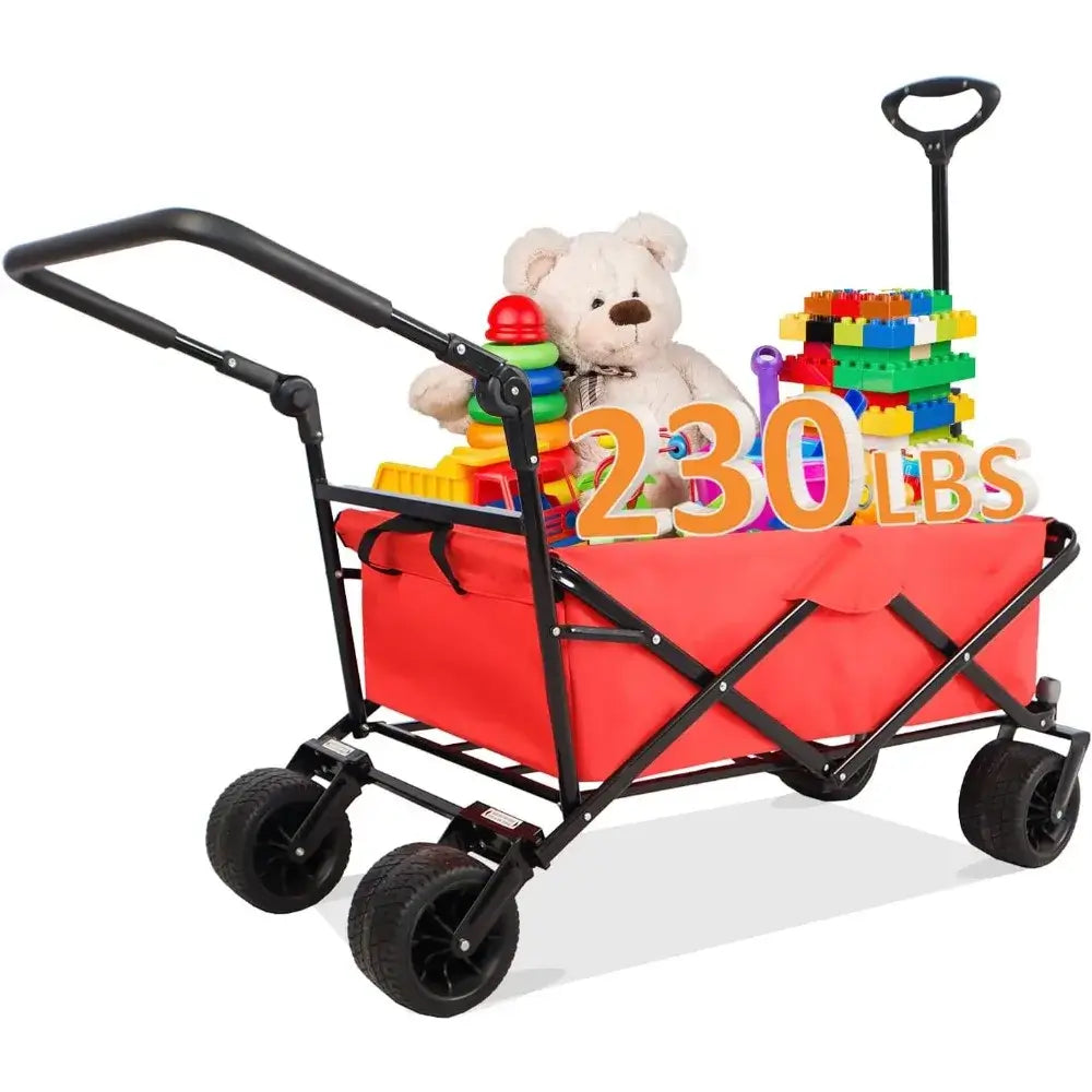 230 LBS Wide Wheel Garden, Park Cart, Red Collapsible Wagon, Steel Frame and 600D Oxford Cloth Picnic Cart -f oldable
