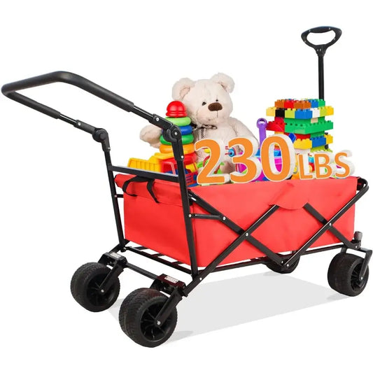230 LBS Wide Wheel Garden, Park Cart, Red Collapsible Wagon, Steel Frame and 600D Oxford Cloth Picnic Cart -f oldable