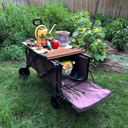 Utility Collapsible Wagon, Garden Cart, w/Wood Roll Top, Adjustable Handle, Drop-Gate, All-Terrain Wheels, Heavy-Duty Folding Frame - with drop gate