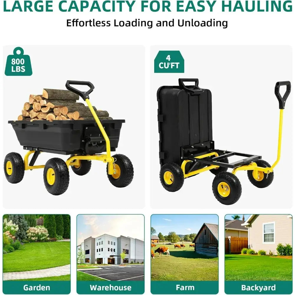 Garden Dump Cart Heavy-Duty 800lb Capacity with Quick-Release Dumping Feature