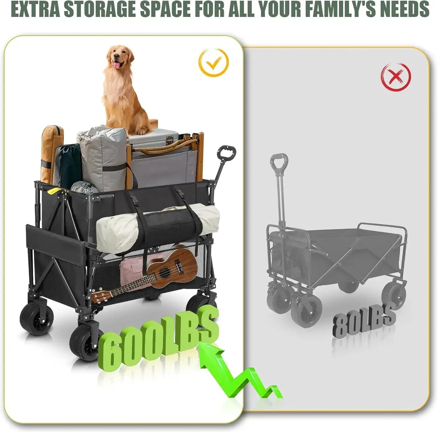 Double Decker Collapsible Wagon, Heavy Duty, 600LBS 400L Capacity Foldable Utility Cart with Big Wheels - 600lbs capacity