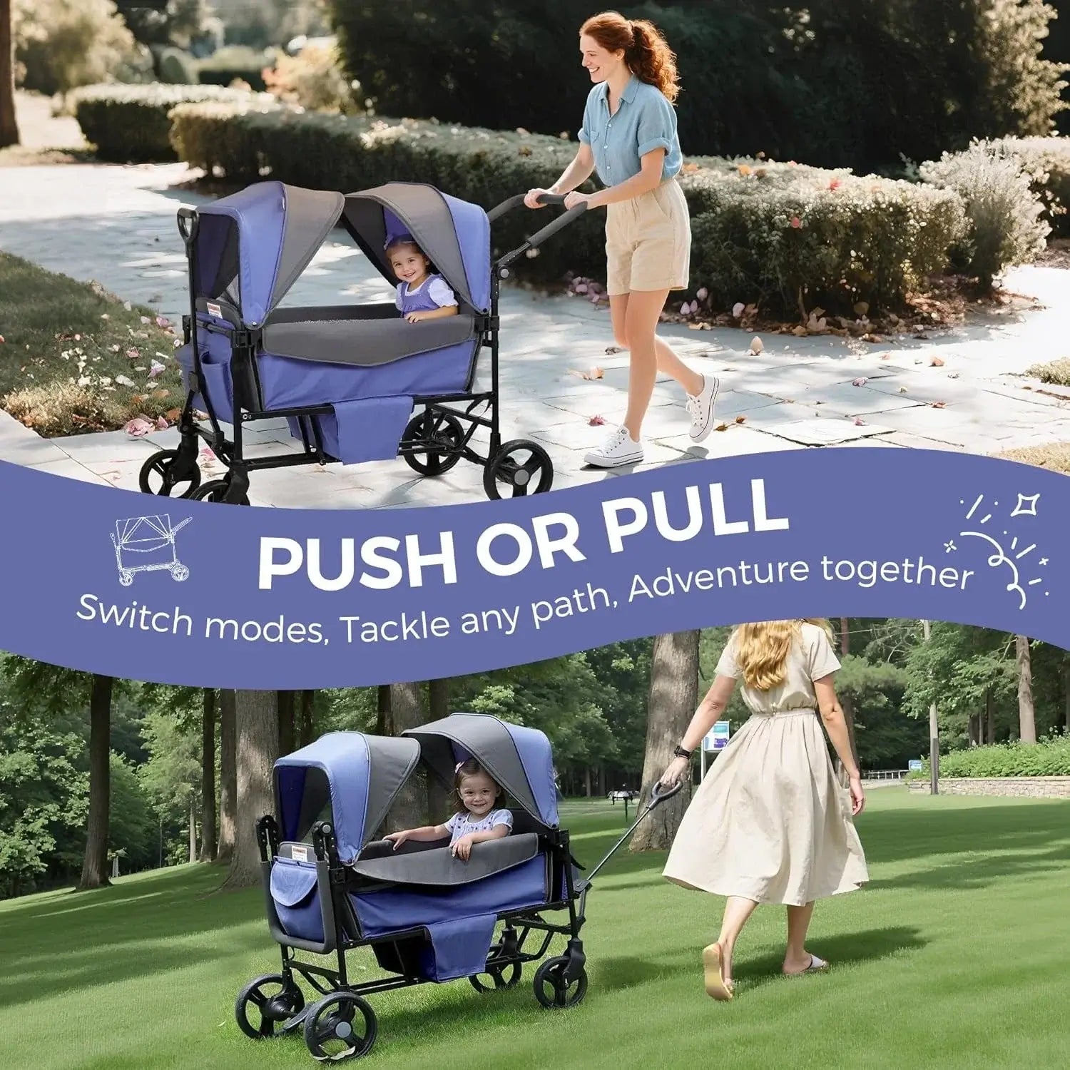 Double Stroller Wagon for 2 Kids with Canopy, Foldable, All-Terrain with Adjustable Push/Pull Handle, Parent Organizer - push or pull