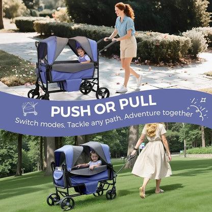 Double Stroller Wagon for 2 Kids with Canopy, Foldable, All-Terrain with Adjustable Push/Pull Handle, Parent Organizer - push or pull