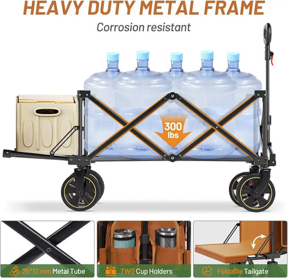 Extra Long Collapsible Wagon with Tailgate and Brakes, 300lbs Heavy Duty Foldable Wagon with Adjustable Handle, 250L - heavy duty metal frame