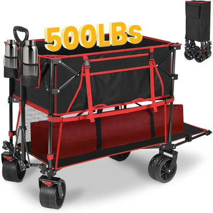 400L Large Capacity Folding Double Decker Wagon with Brakes, 50" Extra Long Extender Cart, 500lbs Heavy Duty Collapsible Wagons - heavy duty