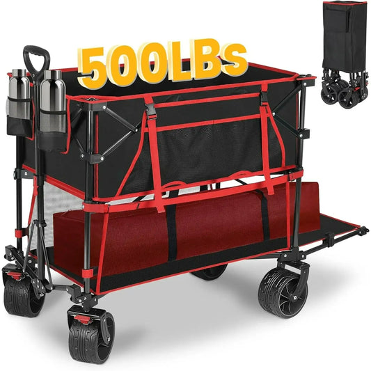 400L Large Capacity Folding Double Decker Wagon with Brakes, 50" Extra Long Extender Cart, 500lbs Heavy Duty Collapsible Wagons - heavy duty