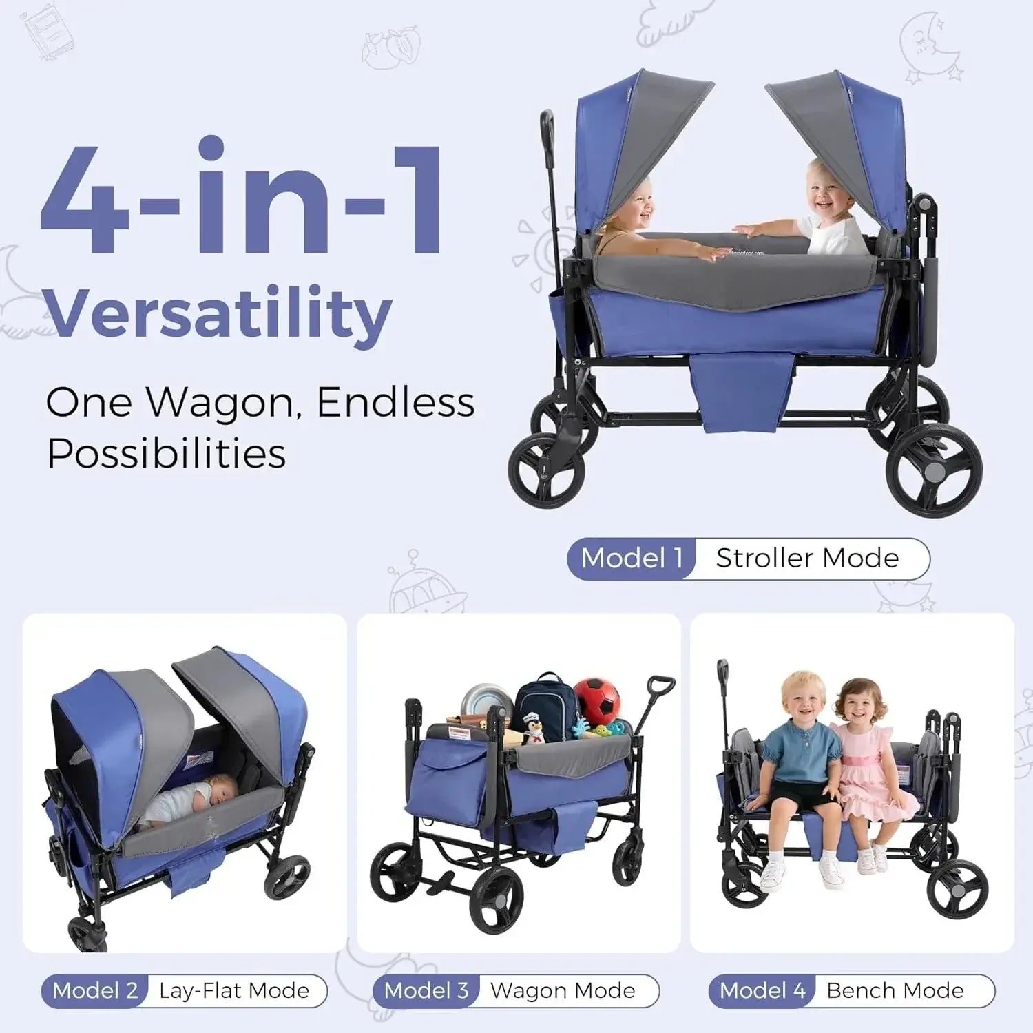 Double Stroller Wagon for 2 Kids with Canopy, Foldable, All-Terrain with Adjustable Push/Pull Handle, Parent Organizer - 4-in-1 versatility