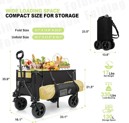 Foldable Wagons Carts, Collapsible Utility Cart, 300lbs, 130L with Side Pocket and Brakes