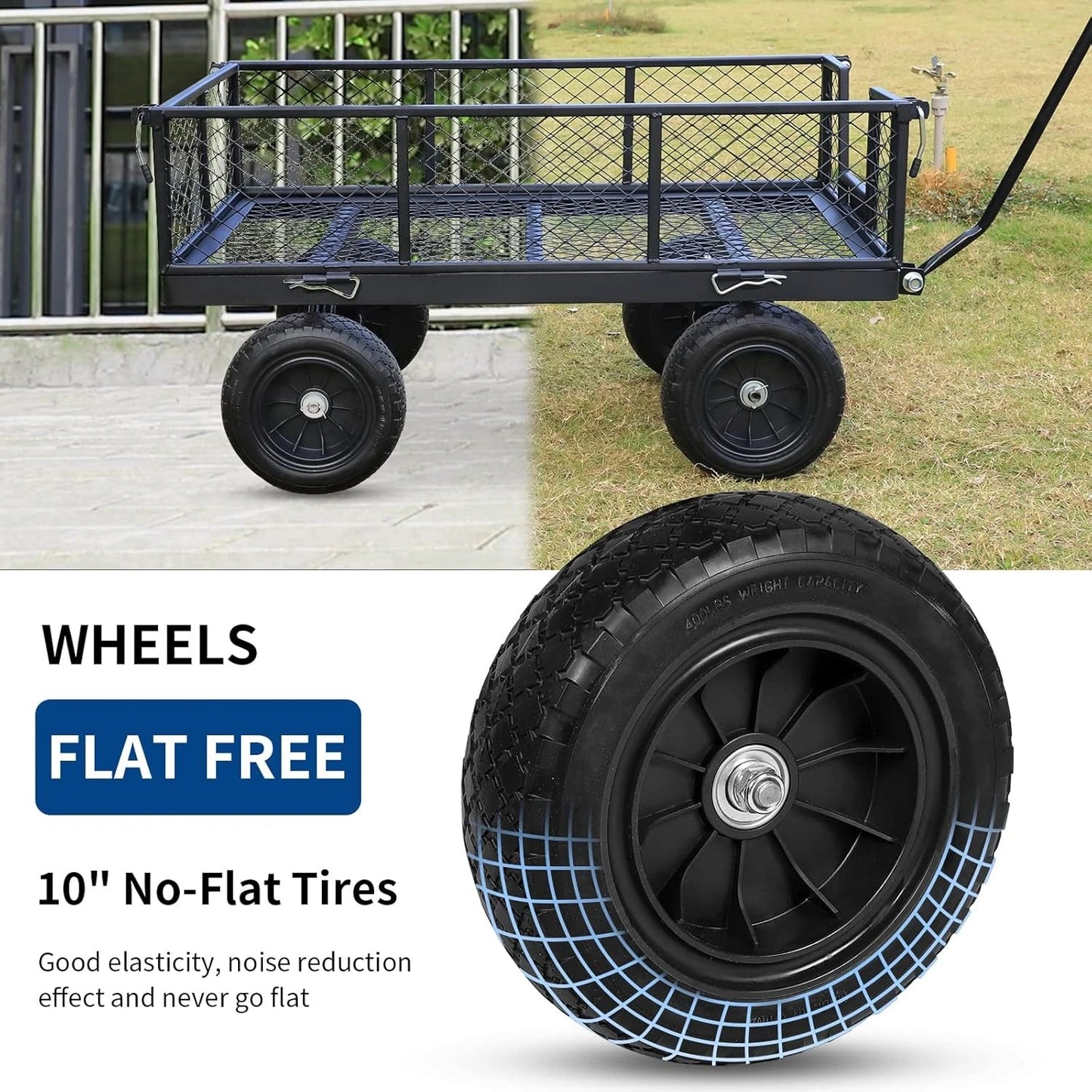 880 lbs 10" Flat Free Tires Steel Garden Cart with 180° Rotating Handle and Removable Sides