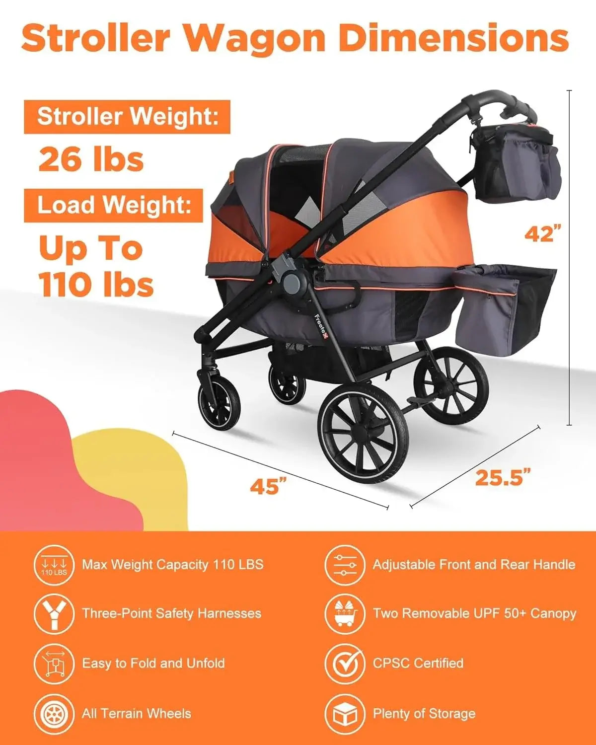 Double Seat Stroller Wagon – All-Terrain 2-in-1 Push & Pull Design, Double Seat, Large Storage, Adjustable Canopy, Removable Child Tray - dimensions