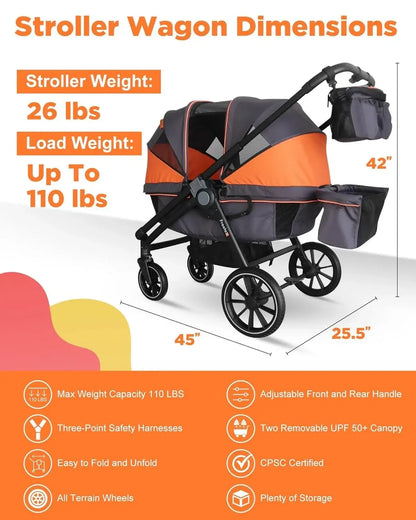 Double Seat Stroller Wagon – All-Terrain 2-in-1 Push & Pull Design, Double Seat, Large Storage, Adjustable Canopy, Removable Child Tray - dimensions